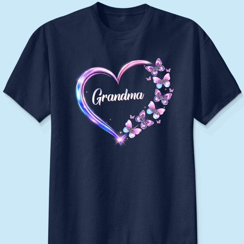 Grandma Mom Butterfly Heart with Kids' Names - Personalized Shirt - Sentimental Gift for Grandma, Mom