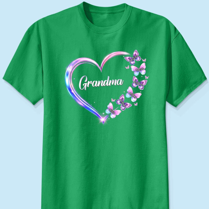 Grandma Mom Butterfly Heart with Kids' Names - Personalized Shirt - Sentimental Gift for Grandma, Mom