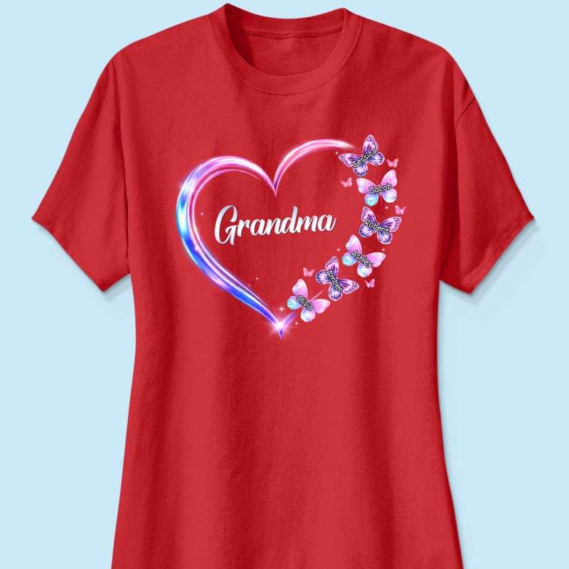 Grandma Mom Butterfly Heart with Kids' Names - Personalized Shirt - Sentimental Gift for Grandma, Mom