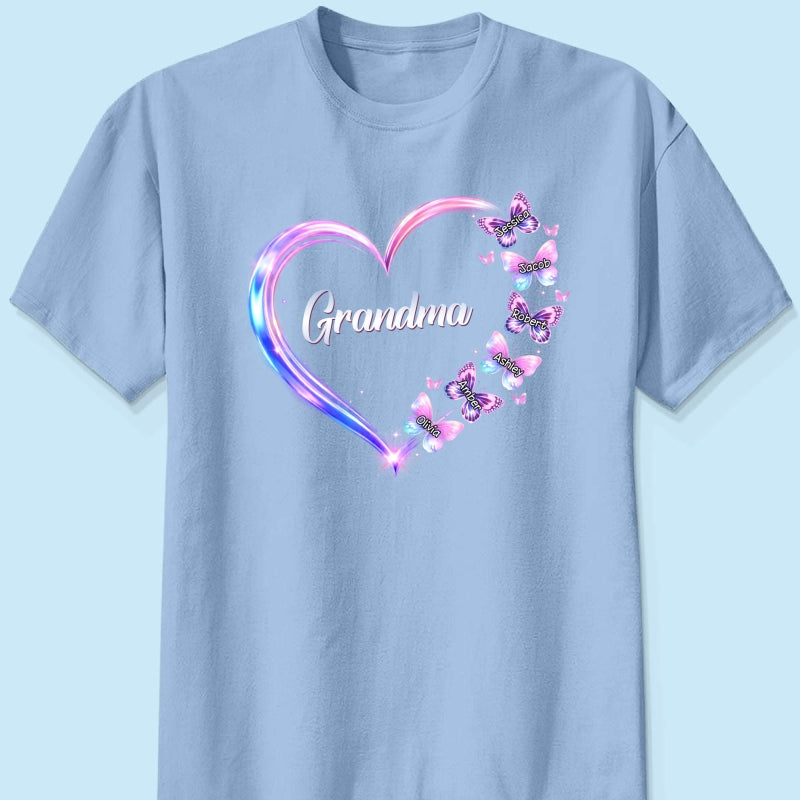 Grandma Mom Butterfly Heart with Kids' Names - Personalized Shirt - Sentimental Gift for Grandma, Mom