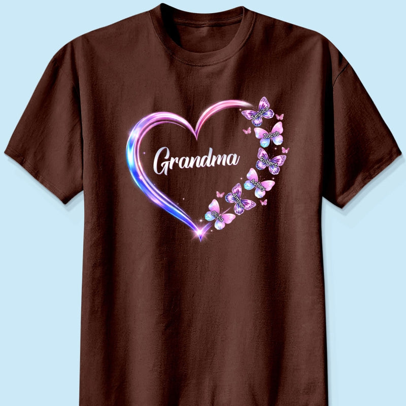Grandma Mom Butterfly Heart with Kids' Names - Personalized Shirt - Sentimental Gift for Grandma, Mom