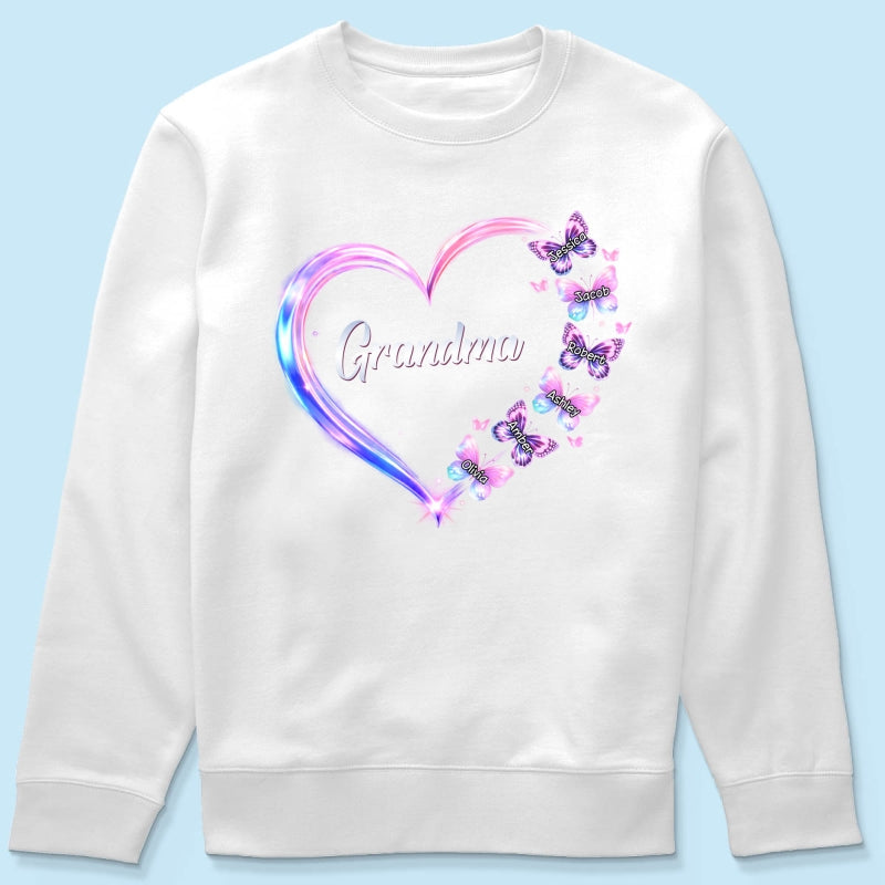 Grandma Mom Butterfly Heart with Kids' Names - Personalized Shirt - Sentimental Gift for Grandma, Mom