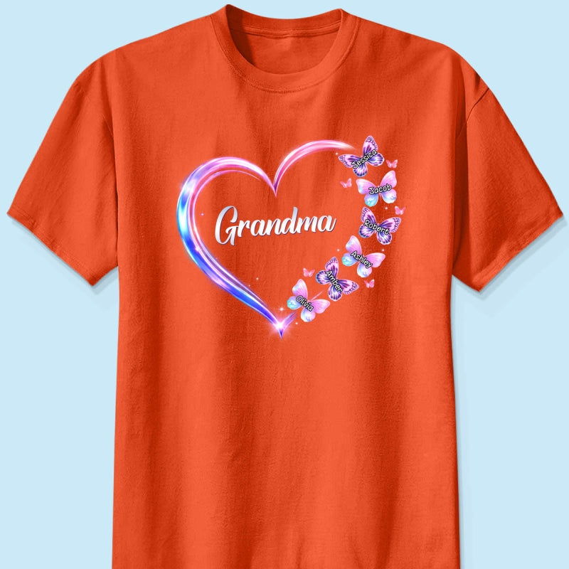 Grandma Mom Butterfly Heart with Kids' Names - Personalized Shirt - Sentimental Gift for Grandma, Mom
