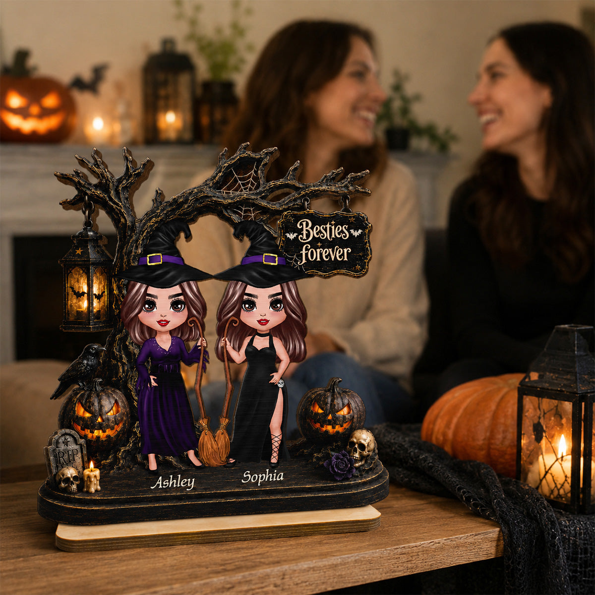 Witch Besties Spooky Halloween Tree 2D Flat - Personalized 2-Layer Wooden Plaque - Tabletop Tier Tray Wicca Pagan Decor