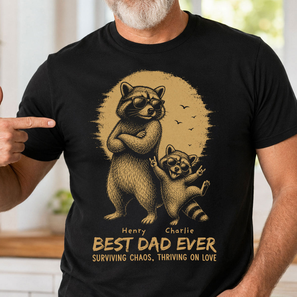 Retro Yellow Vintage Raccoon Dad Best Dad Ever - Personalized Shirt - Funny Father's Day Gift For Dad, Husband