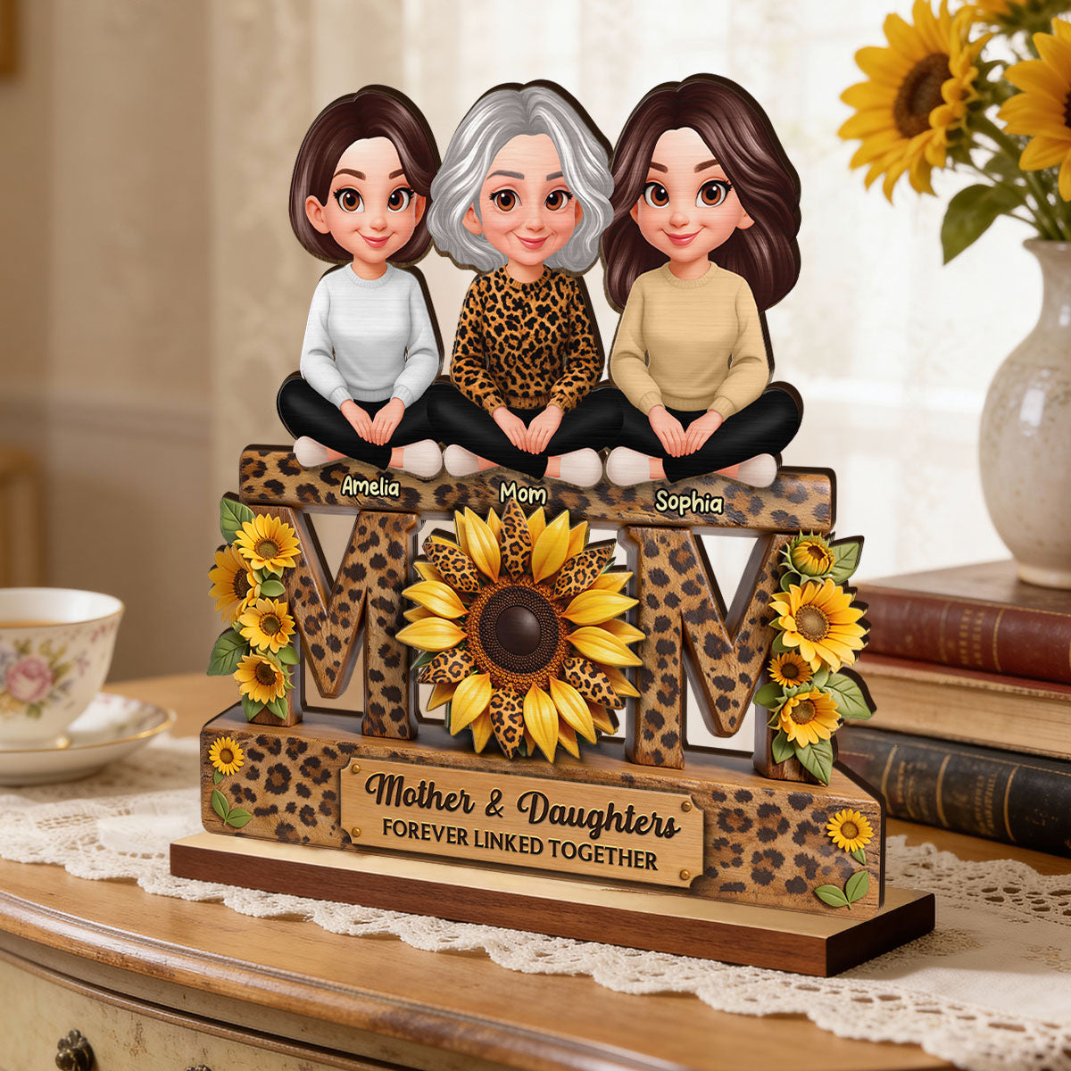 Beautiful Leopard Sunflower You Are My Sunshine MOM And Daughters Sons - Personalized 2-Layered Wooden Plaque - Gift For Mom