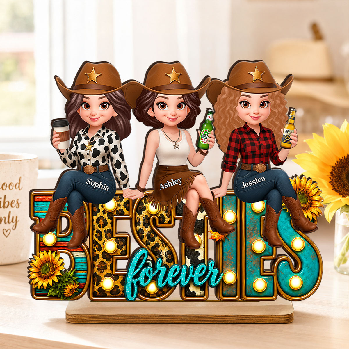 Western Besties Leopard Checkered - Personalized 2-Layered Wooden Plaque - Gift for Best Friends