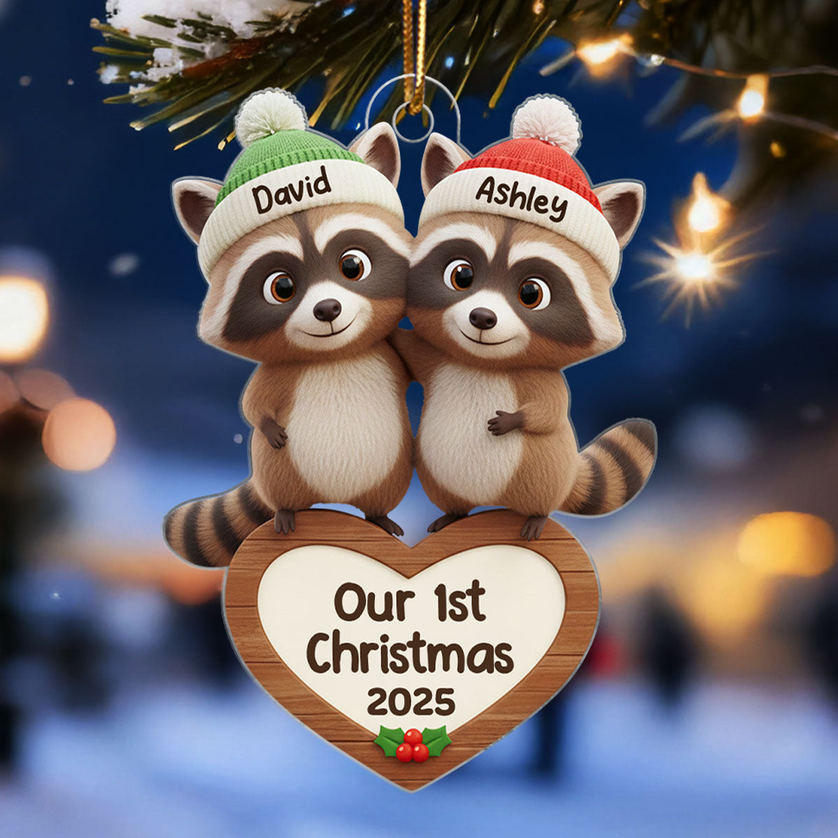 Our 1st Christmas Raccoon Couple - Personalized Acrylic Ornament - Christmas Gift for Newlyweds