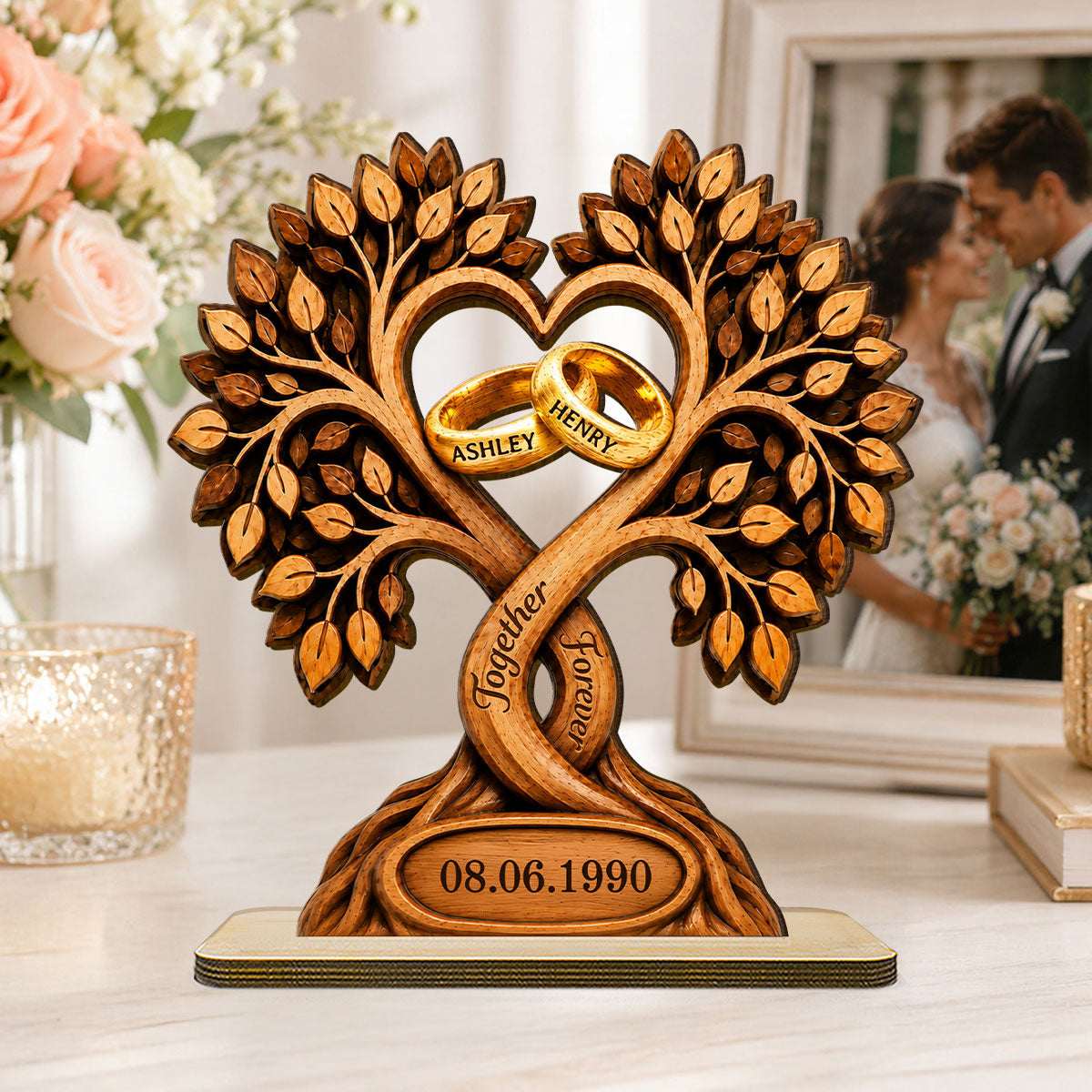 Forever Love Couple Rings In Tree Canopy - Personalized 2-Layered Wooden Plaque - Anniversary Gift, Wedding Gift For Couple