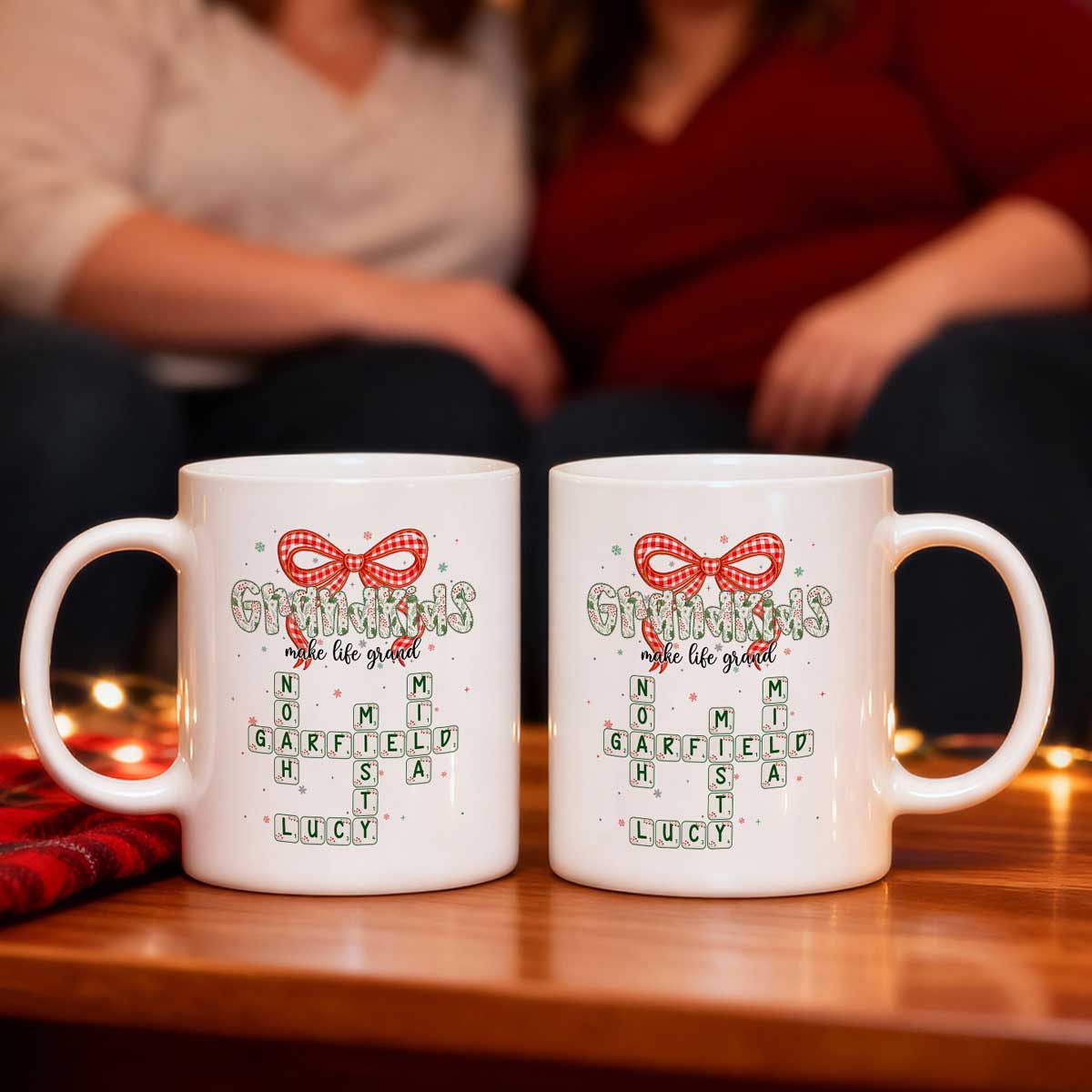 Grandkids Make Life Grand Coquette Floral Christmas Pattern Crossword Puzzle Art - Personalized Mug