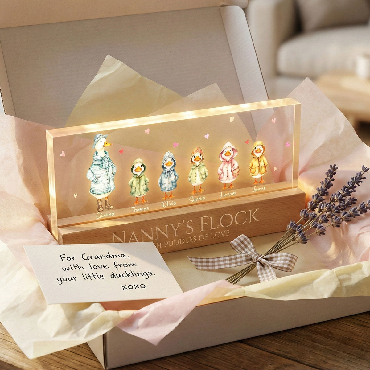 Nanny's Flock Gift For Grandma Nana Grammy Cute Watercolor Ducks - Personalised Acrylic Block LED Night Light - Mother's Day Gift