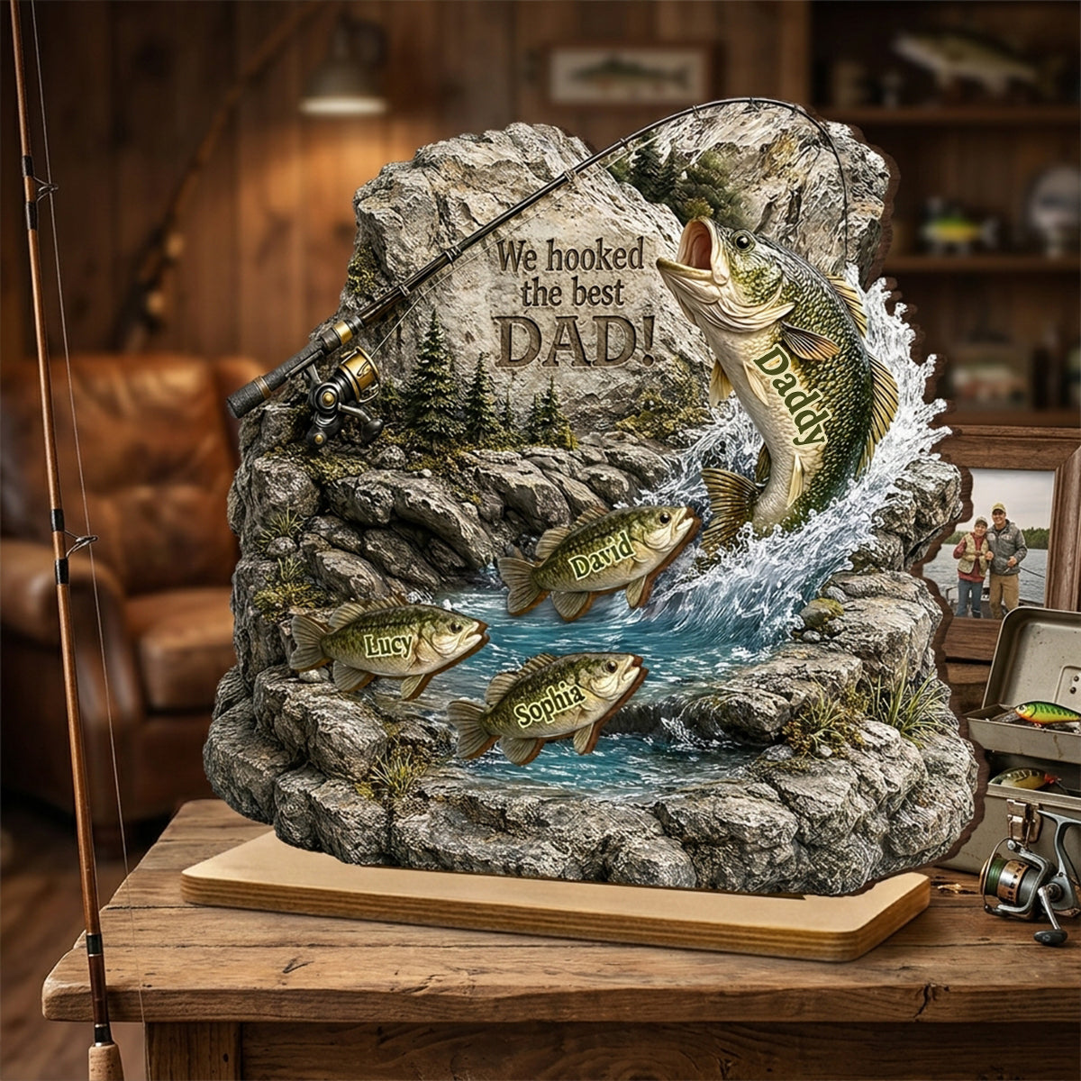 Fishing Dad And Kids Together - Personalized 2-Layered Wooden Plaque - Heartfelt Gift For Fishing Dad, Gift For Husband