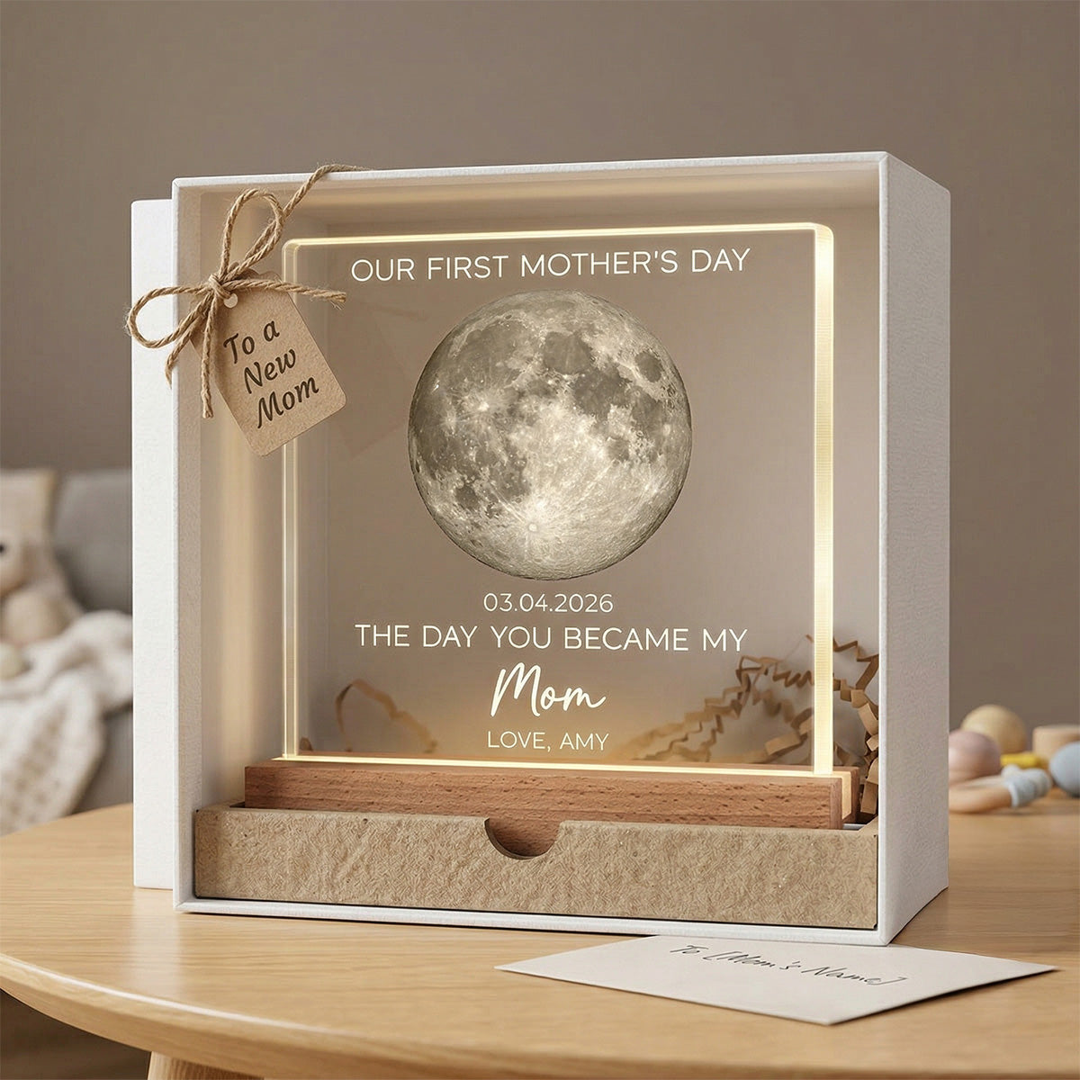 The Day You Became My Mom Custom Moon Phase First Mother's Day - Personalized Acrylic Block Plaque LED Night Light - First Mother's Day Gift For New Mom