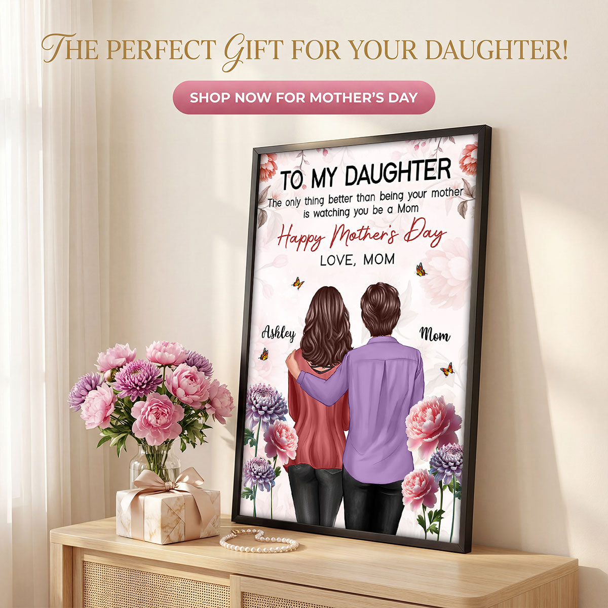 To My Daughter From Mom Birth Month Flower Floral Pink Tone - Personalized Poster - Mother's Day Gift