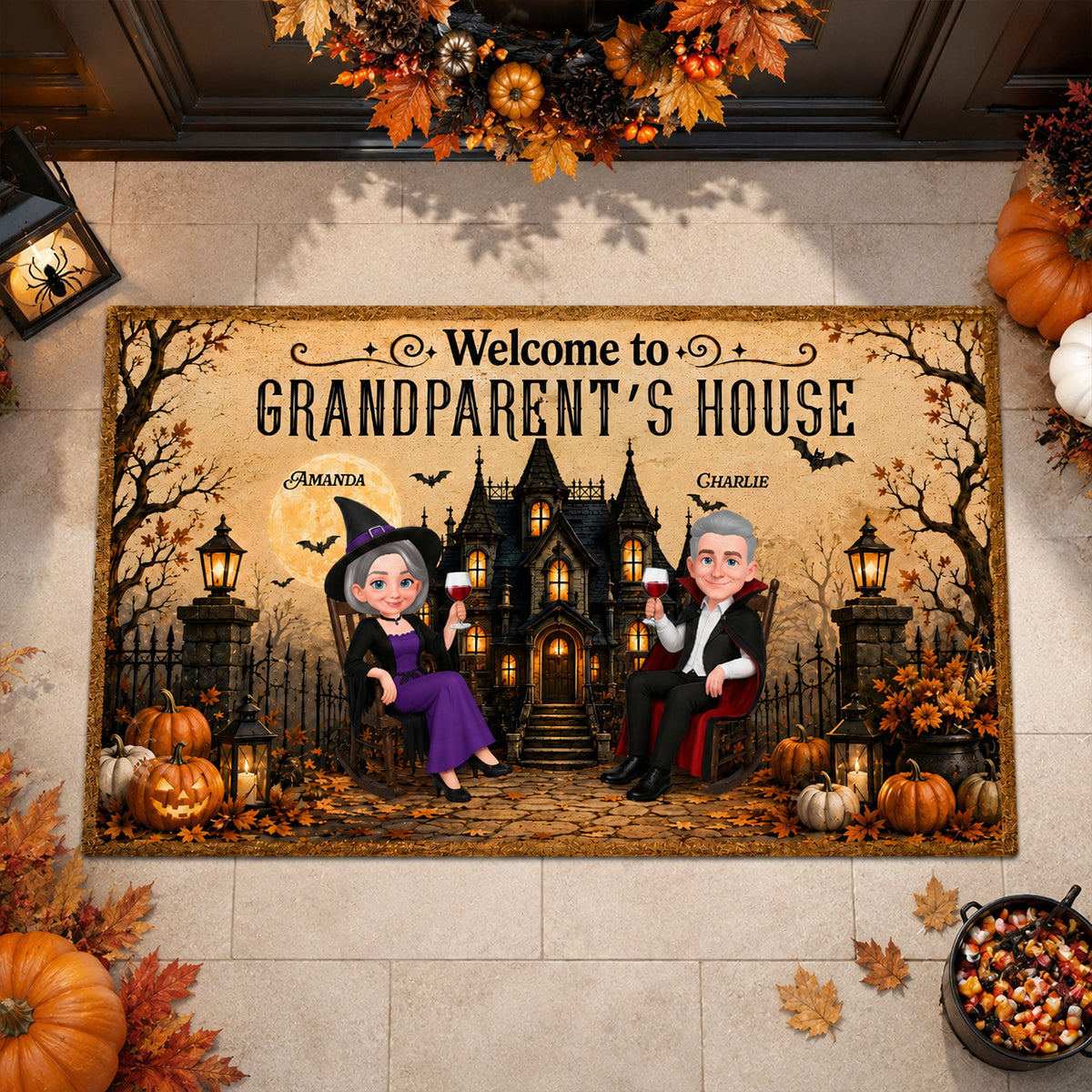 Halloween Grandparent Haunted House - Personalized Doormat - Halloween Decor Gift, Gift For Grandma Grandpa