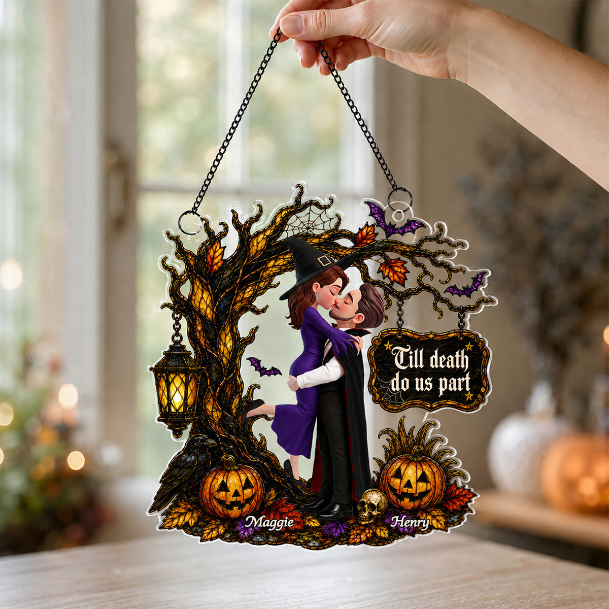 Couple Hugging Under Spooky Halloween Tree 2D Flat - Personalized Acrylic Window Hanger - Halloween Decor For Couple