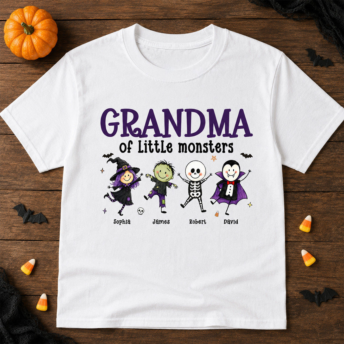 Grandma Mom Of Little Monsters Cute Doodle Characters - Personalized Shirt - Halloween Costume For Mom Grandma