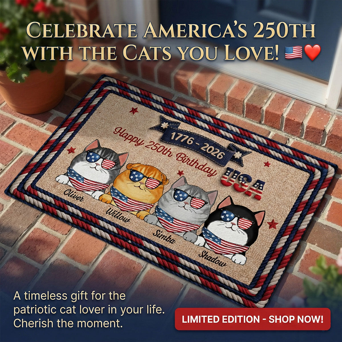 USA 250th Birthday Patriotic Flag Cat Faux Yarn Pattern - Personalized Doormat - Gift For Cat Lovers