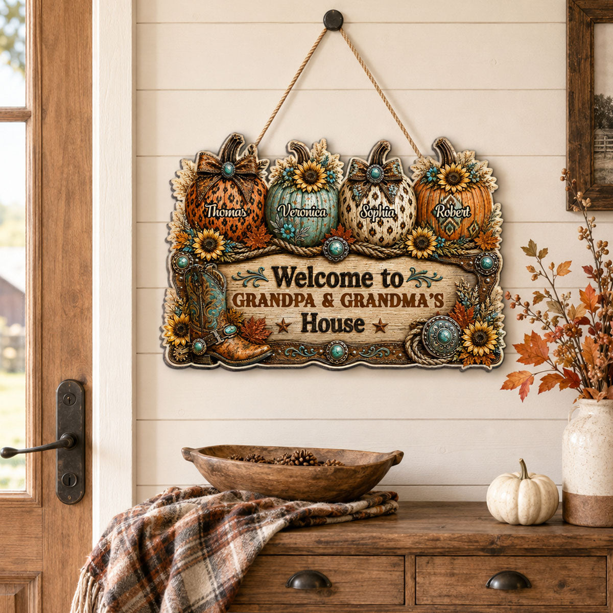 Western Fall Season Vibe Little Pumpkins Welcome To Grandma Grandpa House - Personalized Wood Sign - Fall Decoration For Grandparents