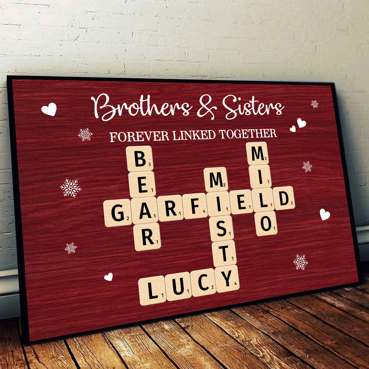 Christmas Festive Brothers & Sisters Forever Linked Together Crossword Puzzle Art - Personalized Poster - Gift For Brothers, Sisters, Siblings, Family