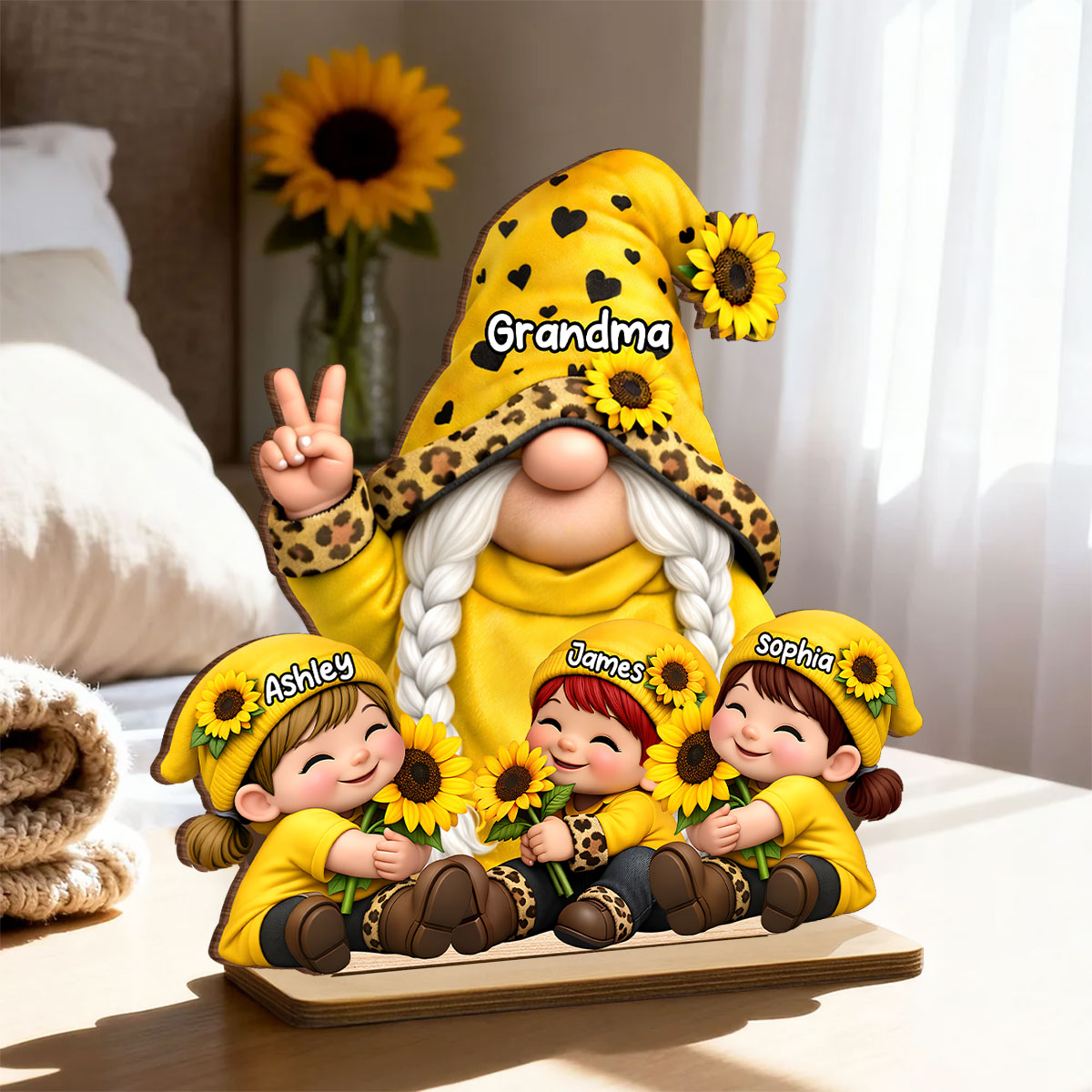 Gnome Grandma & Grandkids Sunflower - Personalized 2-Layered Wooden Plaque - Sentimental Mother's Day Gift for Grandma