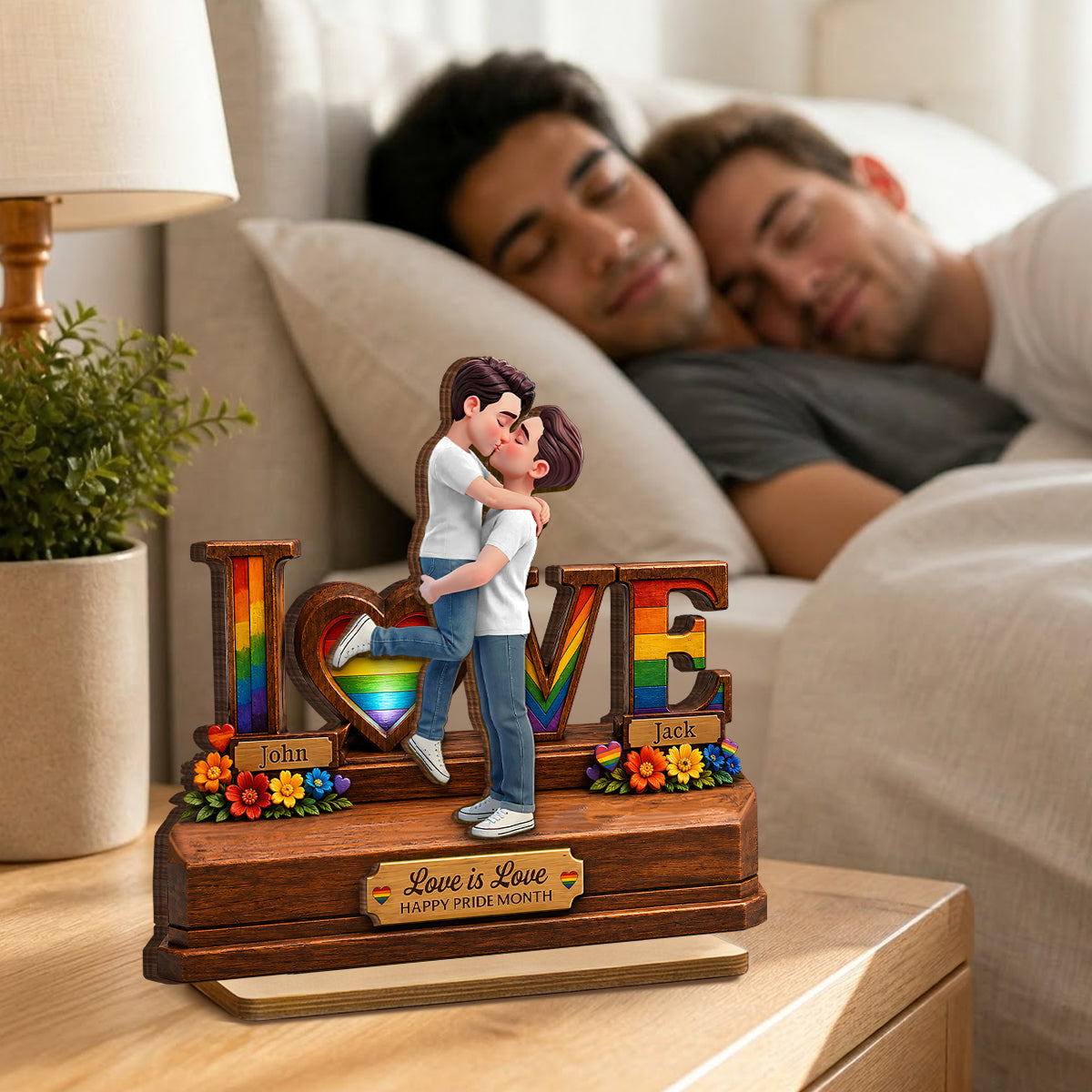 Rose Love LGBT+ Couple - Personalized 2-Layered Wooden Plaque - Gift For Couple, Happy Pride Month