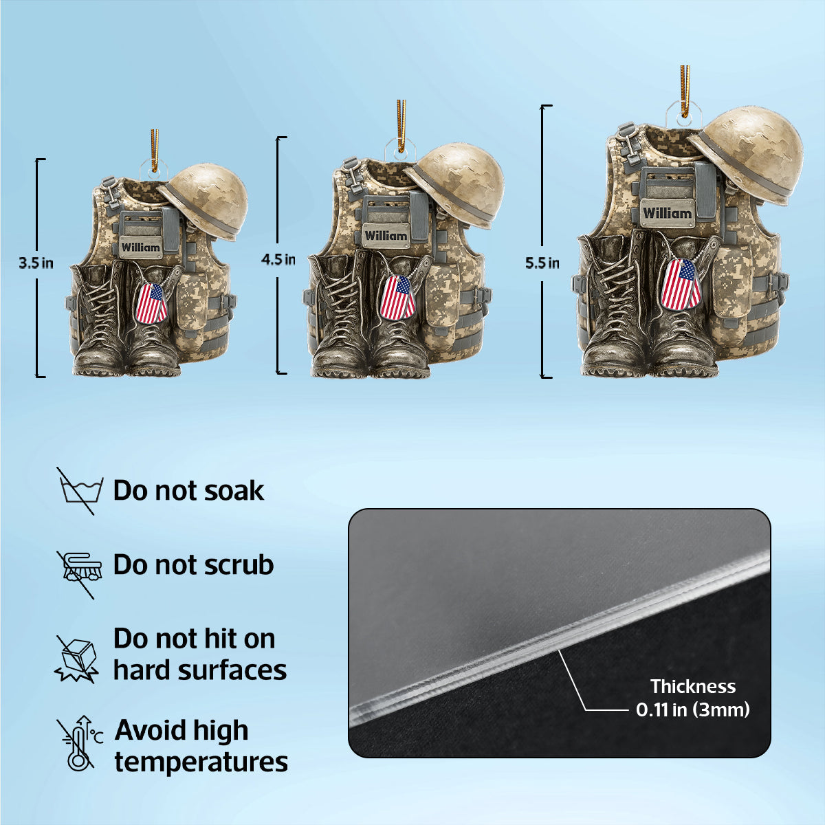 3D Effect Military Combat Vest, Boots And Helmet - Personalized Acrylic Ornament