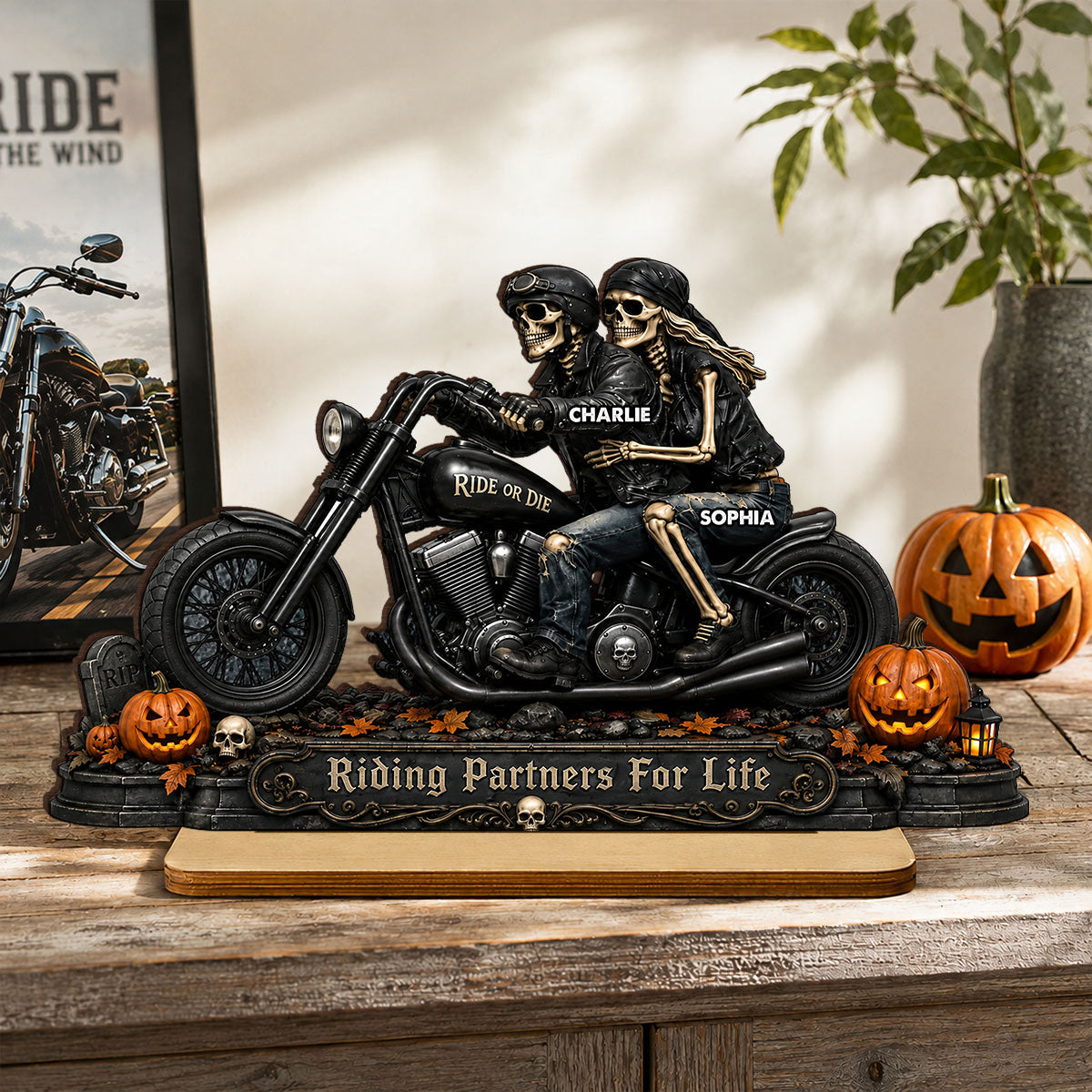 Riding Partners For Life Skeleton Couple - Personalized 2-Layered Wooden Plaque - Halloween Decor Gift, Gift For Couple