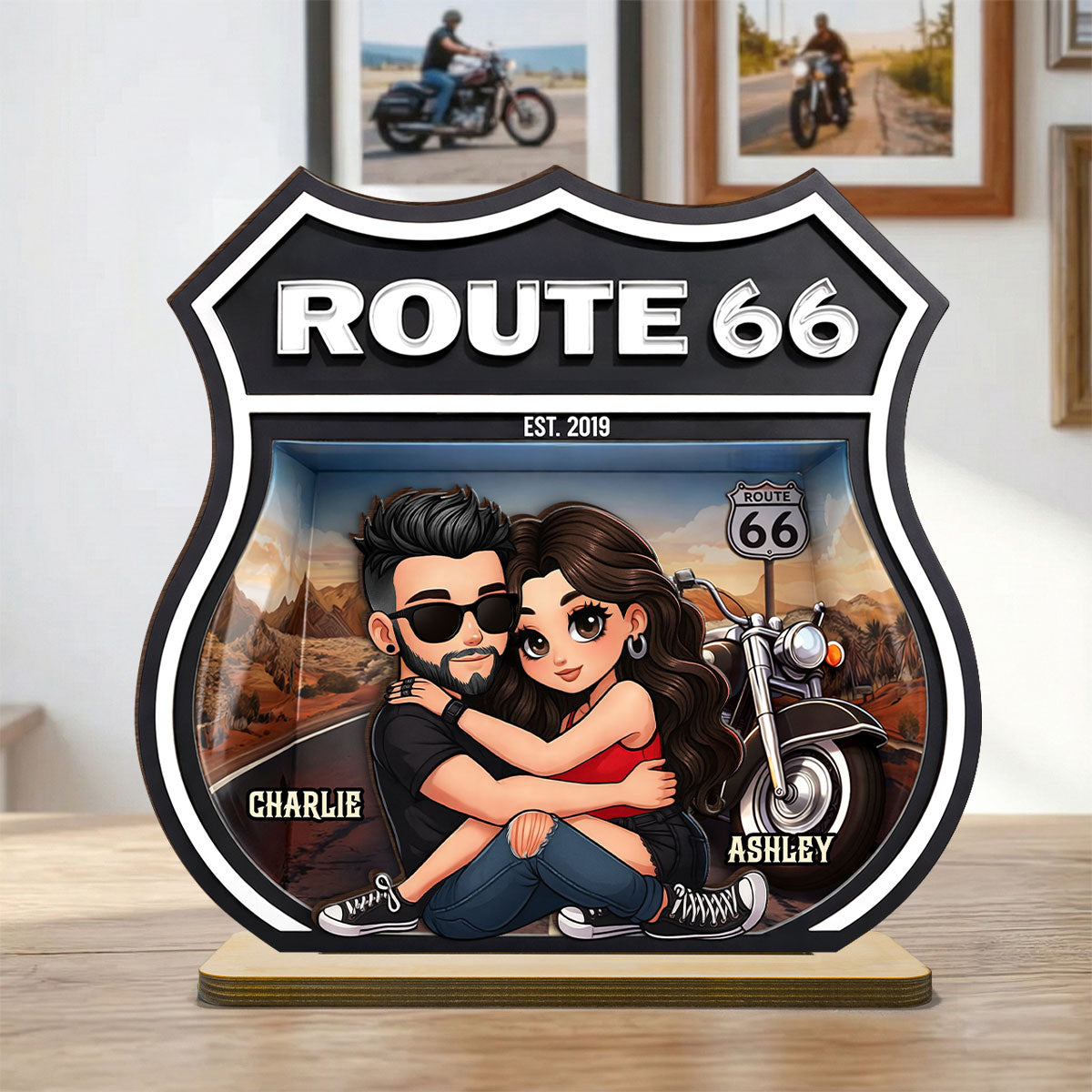 Bikers Couple Route 66 - Personalized 2 Layer Standing Wooden Plaque - Gift for Couple