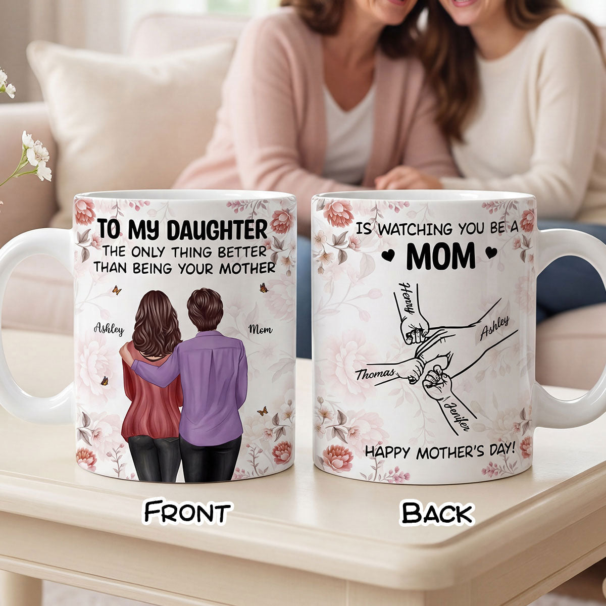 To My Daughter From Mom Hands Outline Floral Pink Tone - Personalized Mug - Mother's Day Gift For Daughter