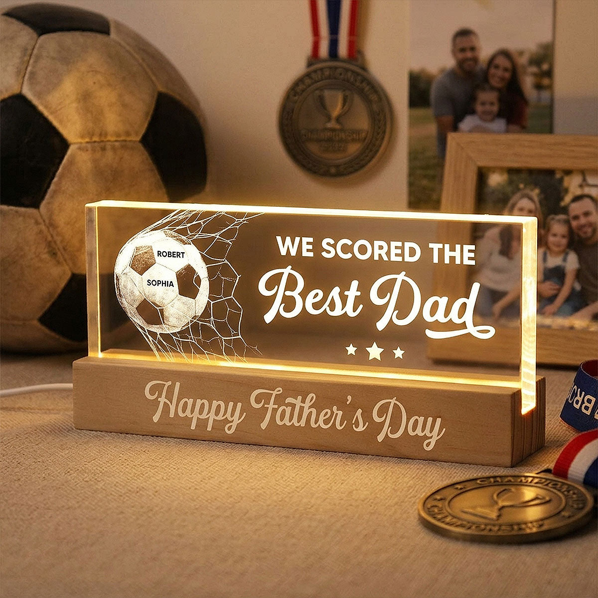 We Scored The Best Dad Mom - Personalized Acrylic Block LED Night Light - Father's Day Gift For Soccer Dad