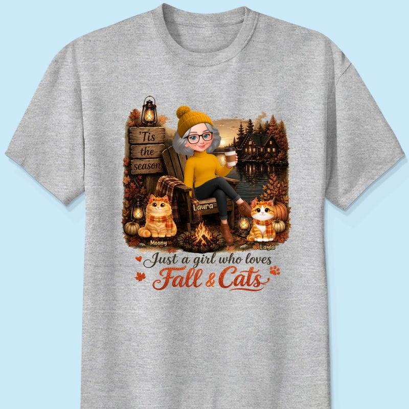 Just a Girl Who Loves Fall & Cats - Personalized Shirt - Cozy Fall Tee for Cat Moms