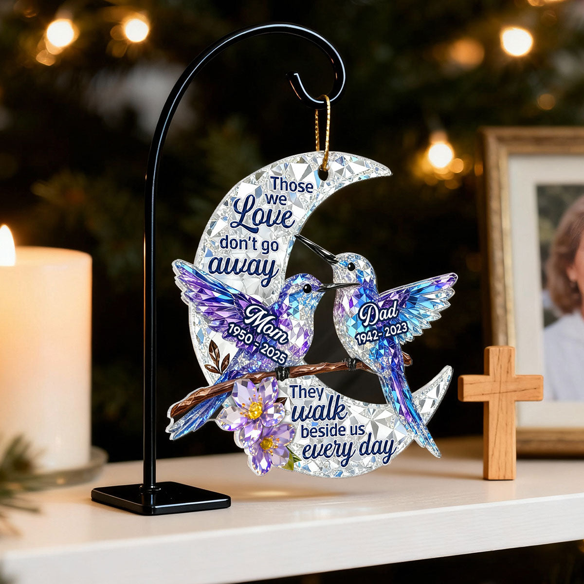 3D Effect Flat Christmas Hummingbird Moon Memorial - Personalized Acrylic Ornament - Remembrance Gift, Sympathy Gift