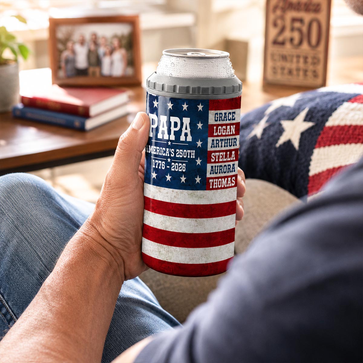 Proud American Dad Grandpa Custom Kids Name - Personalized 4-in-1 Can Cooler