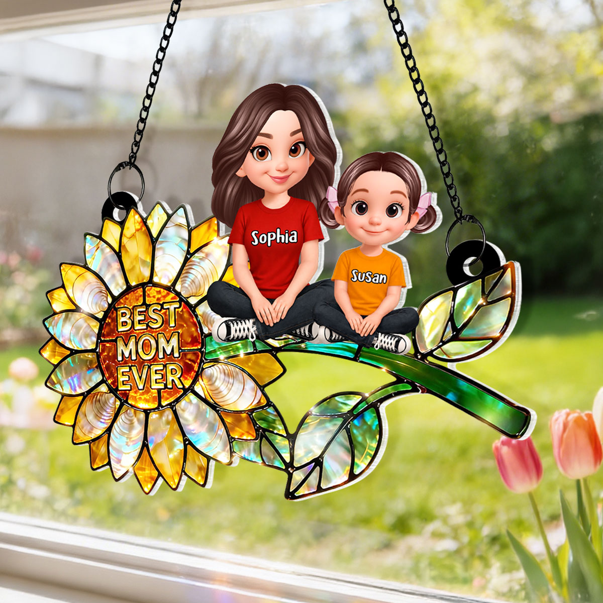Sunflower Mom and Kids Sitting - Personalized Window Hanging Suncatcher - Mother's Day Gift for Mom, Wife