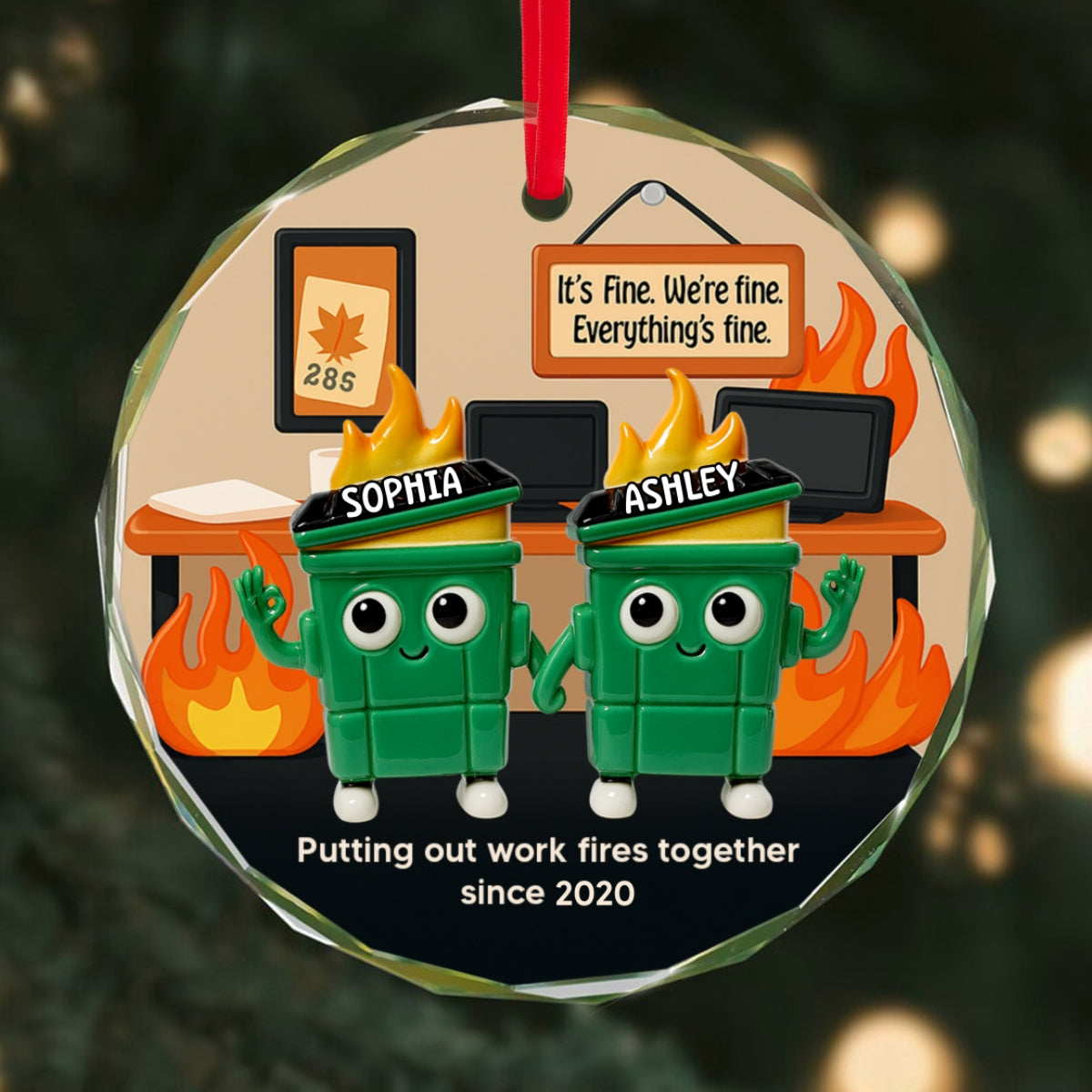 3D Effect Dumpster Fires In Office Scene - Personalized Glass Ornament - Funny Gift For Colleagues, Work Besties