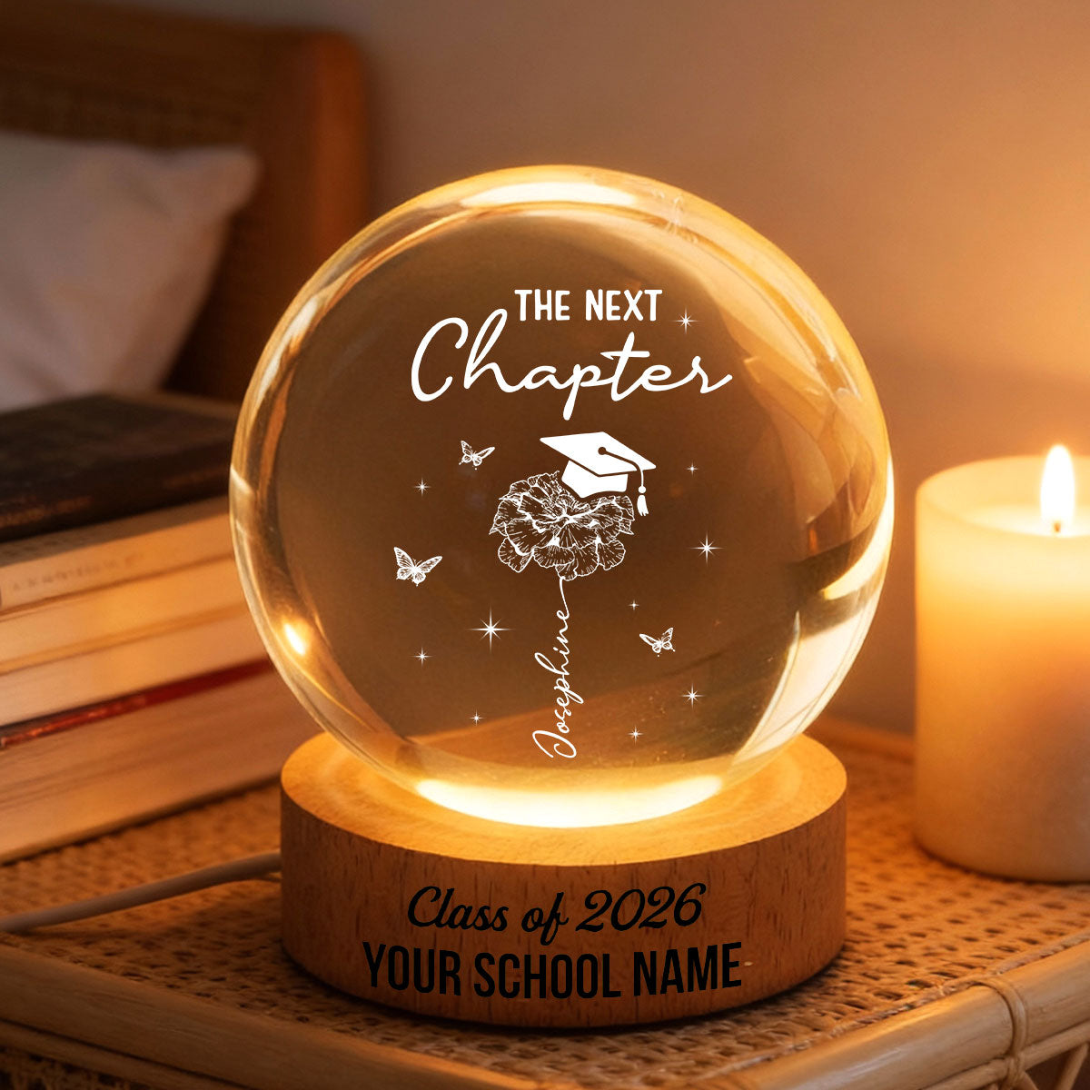 Graduation Birth Month Flower New Chapter - Personalized Crystal Ball LED Night Light - Graduation Gift, Keepsake For Daughter, Granddaughter