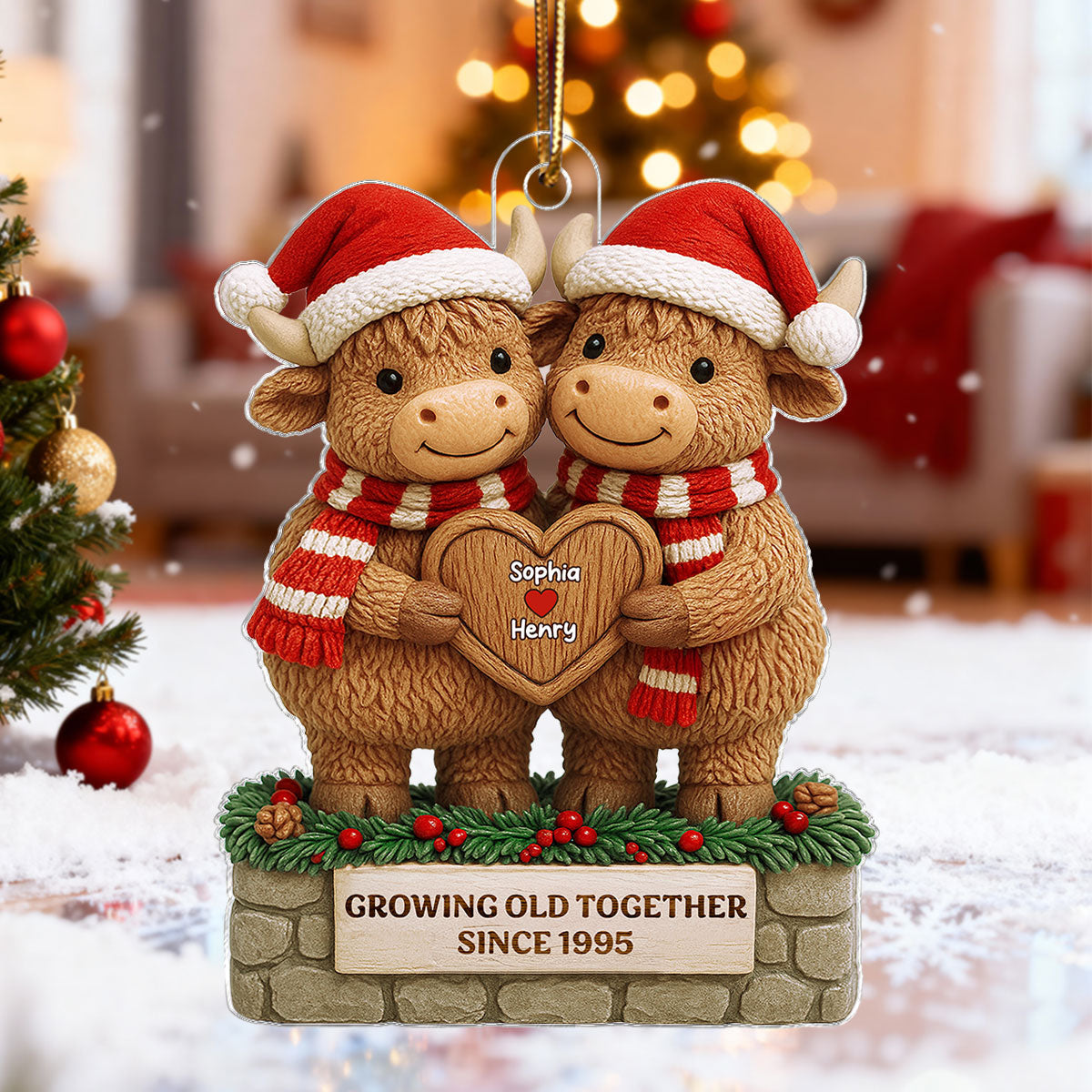 3D Effect Christmas Highland Cows Couple Growing Old Together - Personalized Acrylic Ornament - Gift For Couple