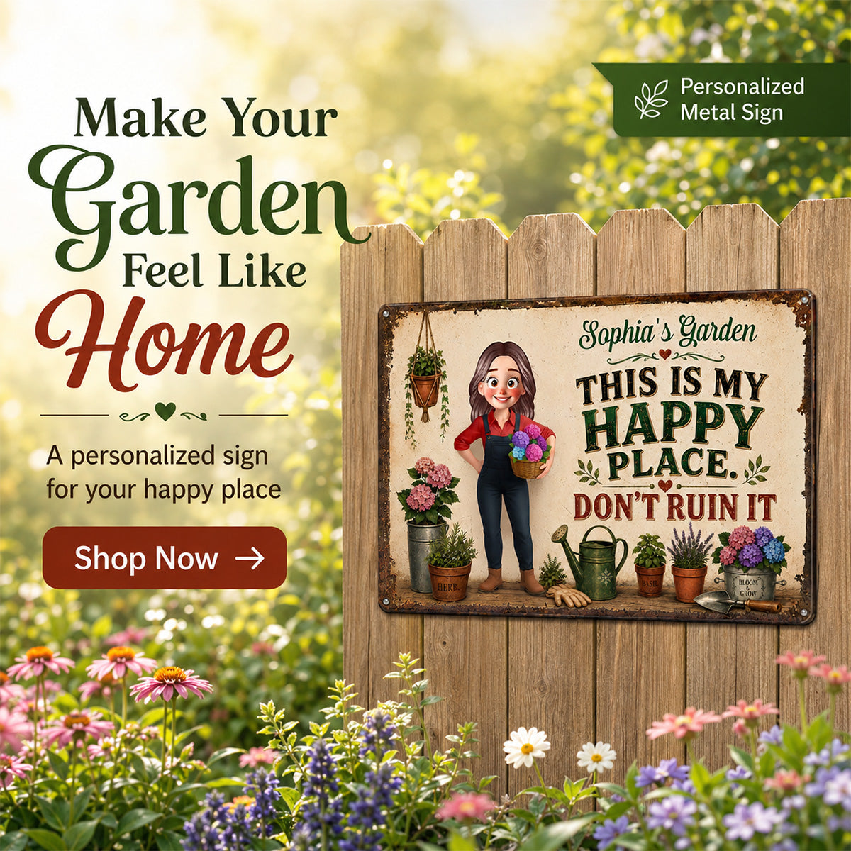 This Is My Happy Place Don't Ruin It Gardening Girl - Personalized Garden Metal Sign - Home Garden Greenhouse Outdoor Decor