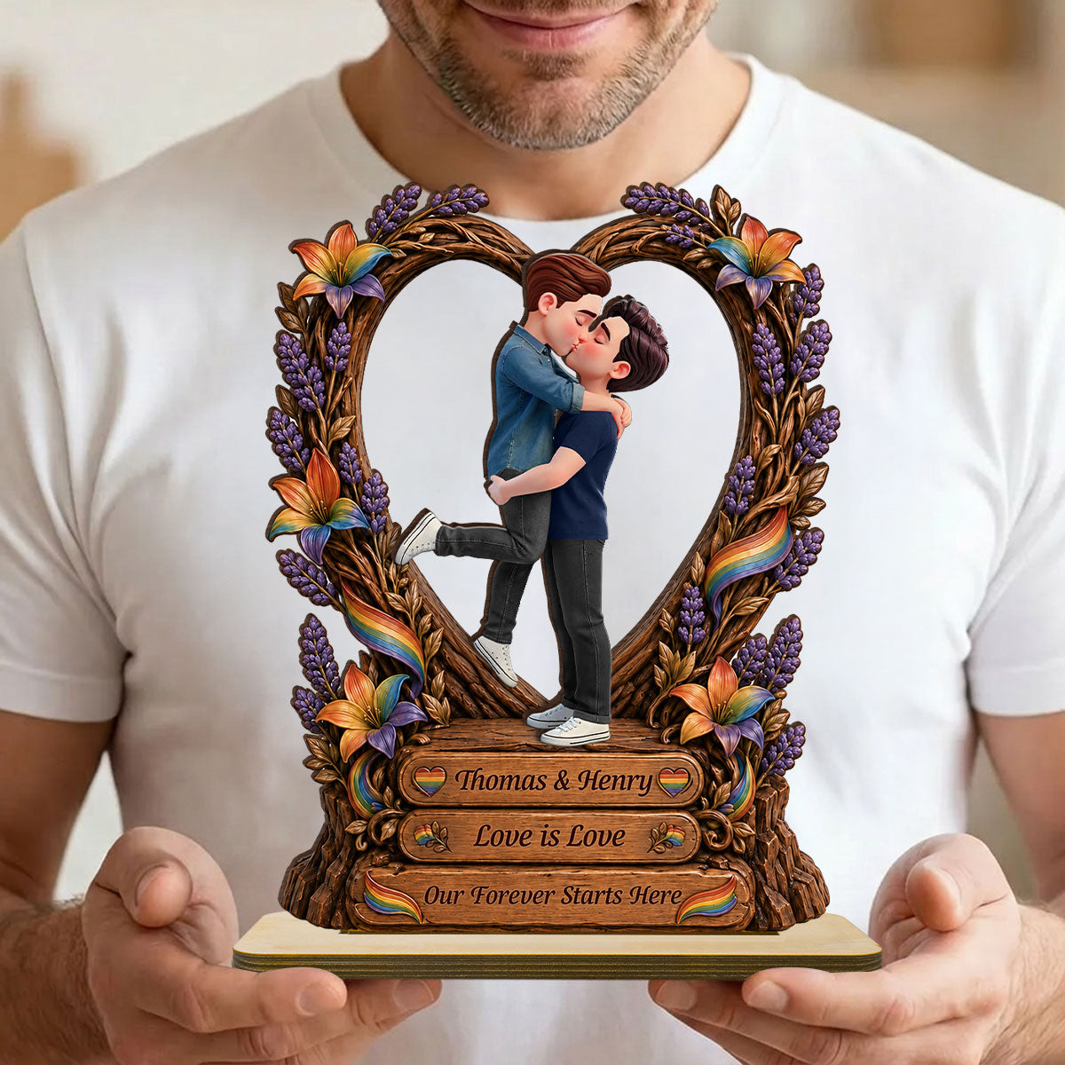 Our Forever Starts Here LGBT+ Couple - Personalized 2-Layered Wooden Plaque - Gift For Couple, Happy Pride Month
