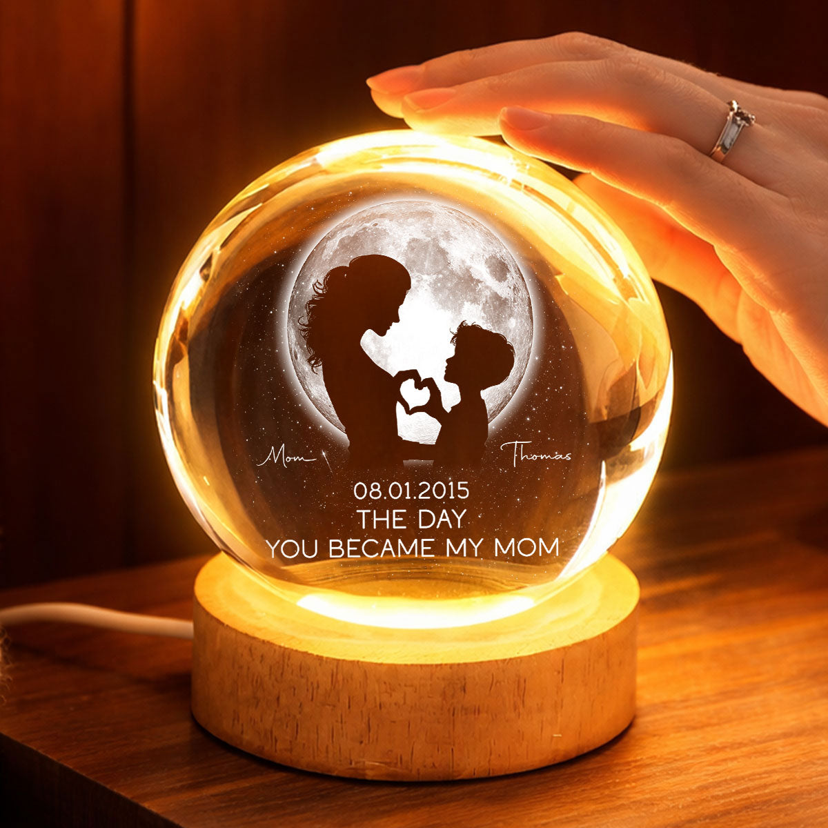 The Day You Became My Mom, Custom Moon Phase by Date - Personalized Crystal Ball LED Night Light - Heartfelt Mother's Day Gift for Mom, Wife