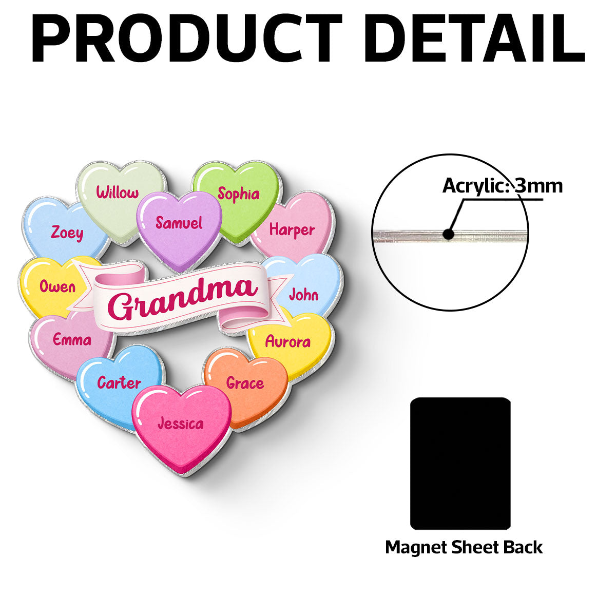 Grandma's Sweethearts Conversation Hearts Grandkids Names Valentine's Day - Personalized Acrylic Fridge Magnet