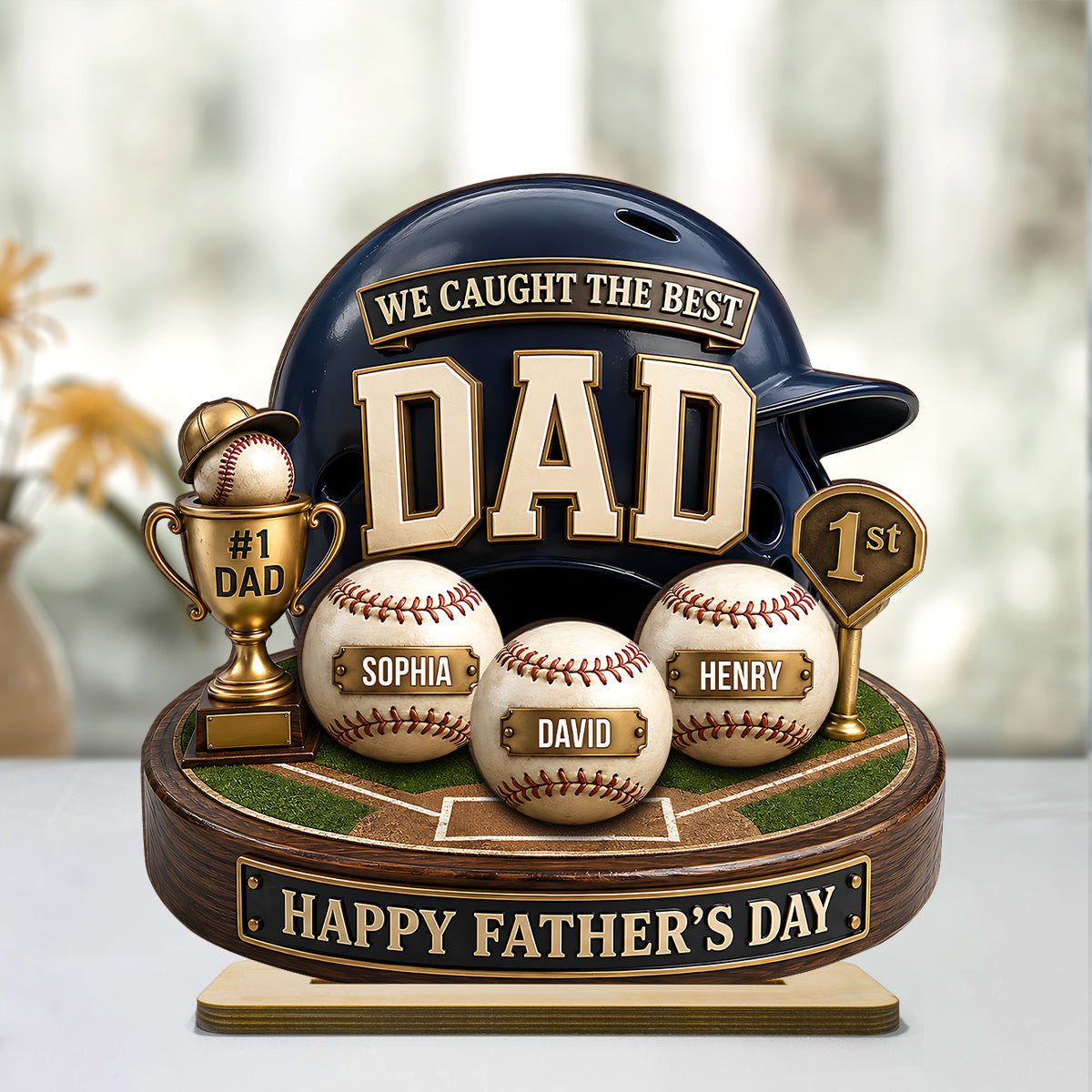 Baseball Trophy We Caught The Best Dad - Personalized 2-Layered Wooden Plaque -  Gift For Dad, Husband