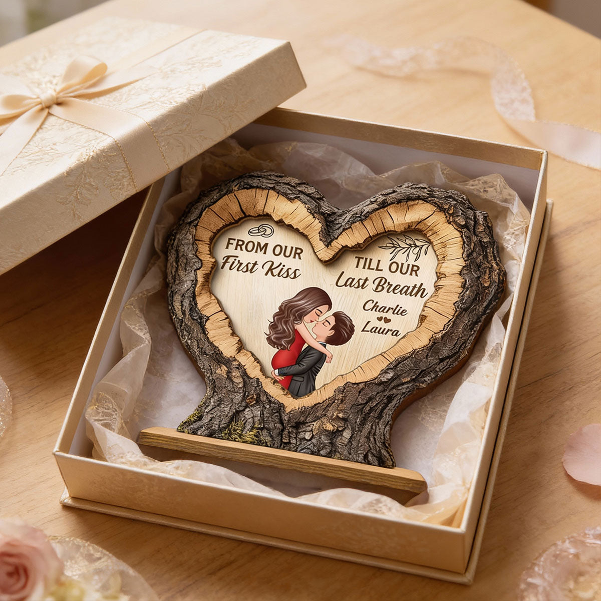 From First Kiss Till Last Breath Couple Kissing 2D Flat - Personalized 2-Layered Wooden Plaque - Anniversary Gift, Valentine's Gift For Him, For Her
