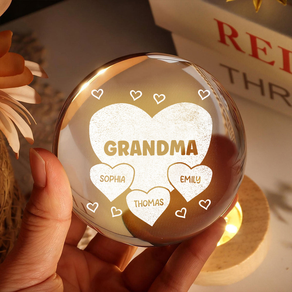 Grandma Mom Hearts Custom Kids Names - Personalized Crystal Ball LED Night Light - Gift For Grandma, Mom
