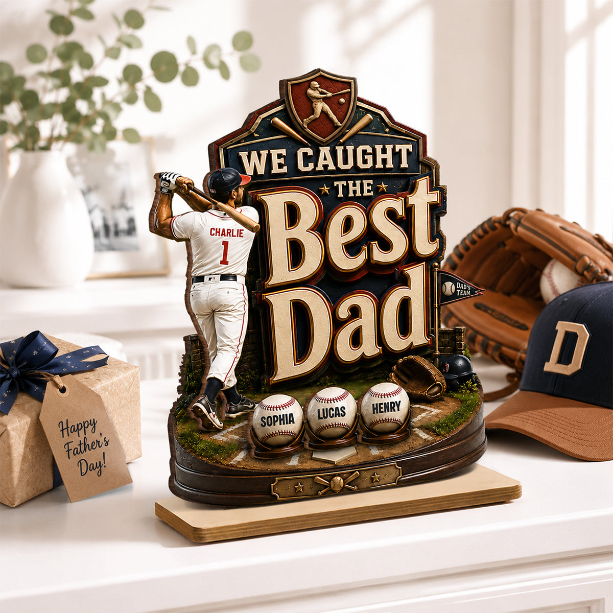 Baseball Dad & Kids We Caught The Best Dad - Personalized 2-Layered Wooden Plaque -  Gift For Baseball Dad, Husband