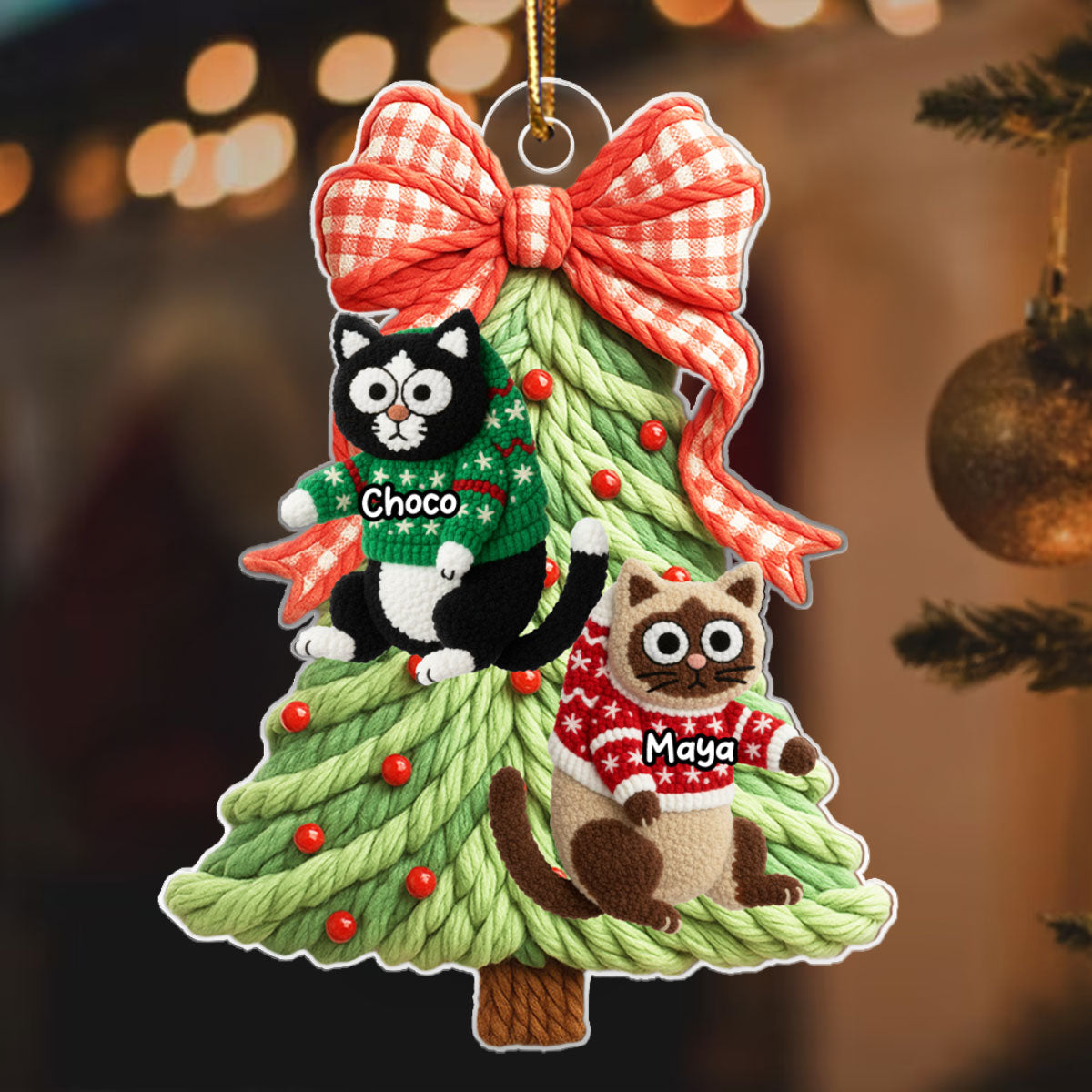 Cat Hanging on Christmas Tree Latch Hook Yarn Faux - Personalized Acrylic Ornament - Christmas Gift for Cat Lovers