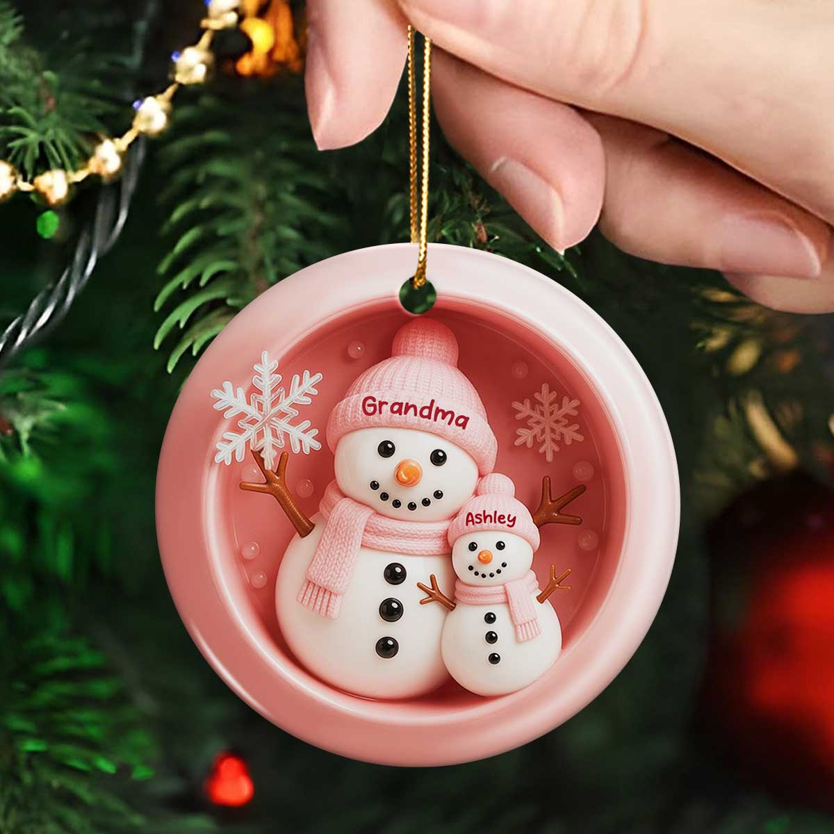 3D Effect Snowman Grandma Granddaughter Grandson - Personalized Ceramic Ornament