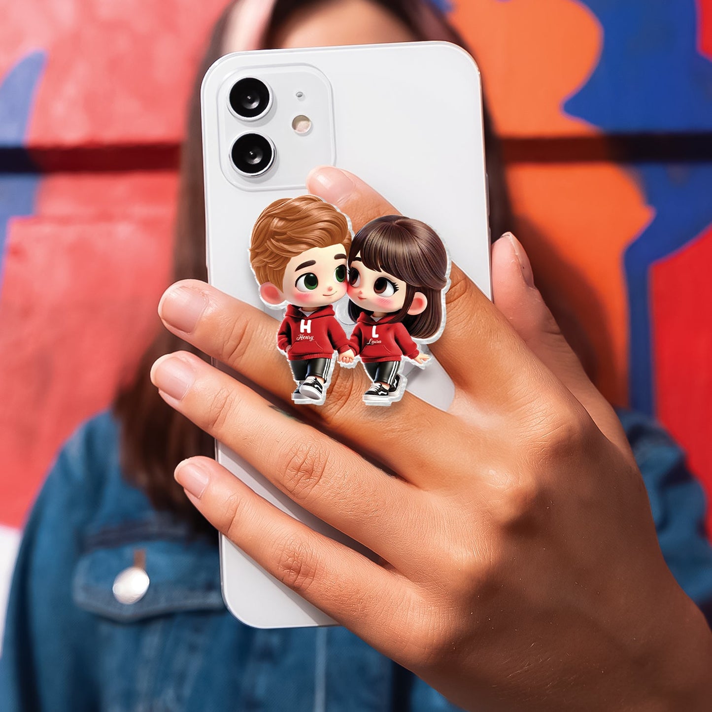 3D Effect Cute Cartoon Couple Holding Hands - Personalized Acrylic Magnetic Phone Grip - Matching Phone Grips for Couples