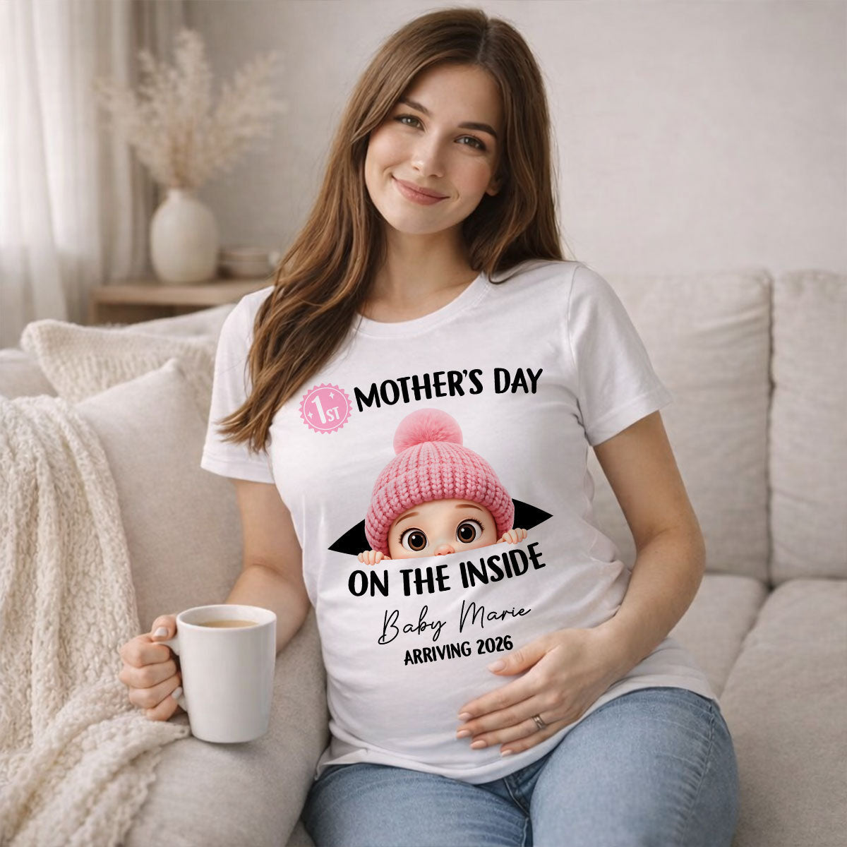 First Mother's Day on the Inside - Personalized Shirt - Baby Arriving Gift, Custom Pregnancy Announcement Tee